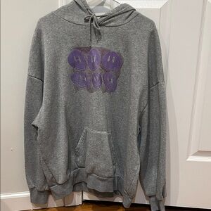 SHEIN Gray Pullover Hoodie with Purple Smiley Balloon Detail